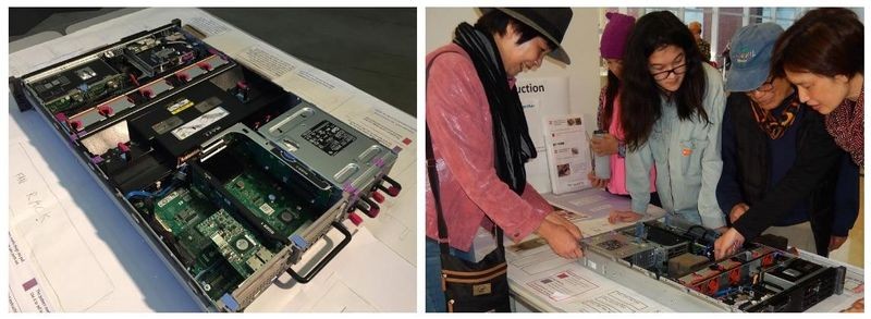 Museum visitors test the Education Center’s first prototype activity: taking apart (and putting back together) a computer.