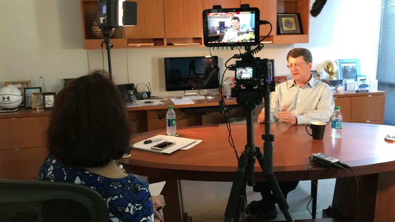 Peter Barris, then managing partner of New Enterprise Associates, being interviewed at his office in Washington, DC, for an oral history by the Exponential Center’s Marguerite Gong Hancock.